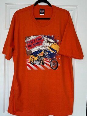 Harley Davidson Shirt Mens 2XL Orange Eagle Motorcycle USA Follow The Spirit